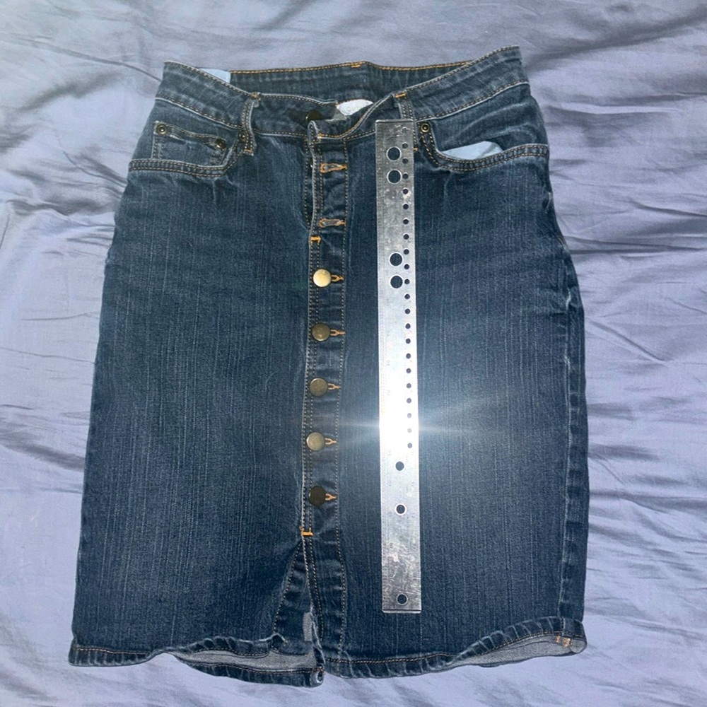 Garner Hill fitted denim button fly skirt.